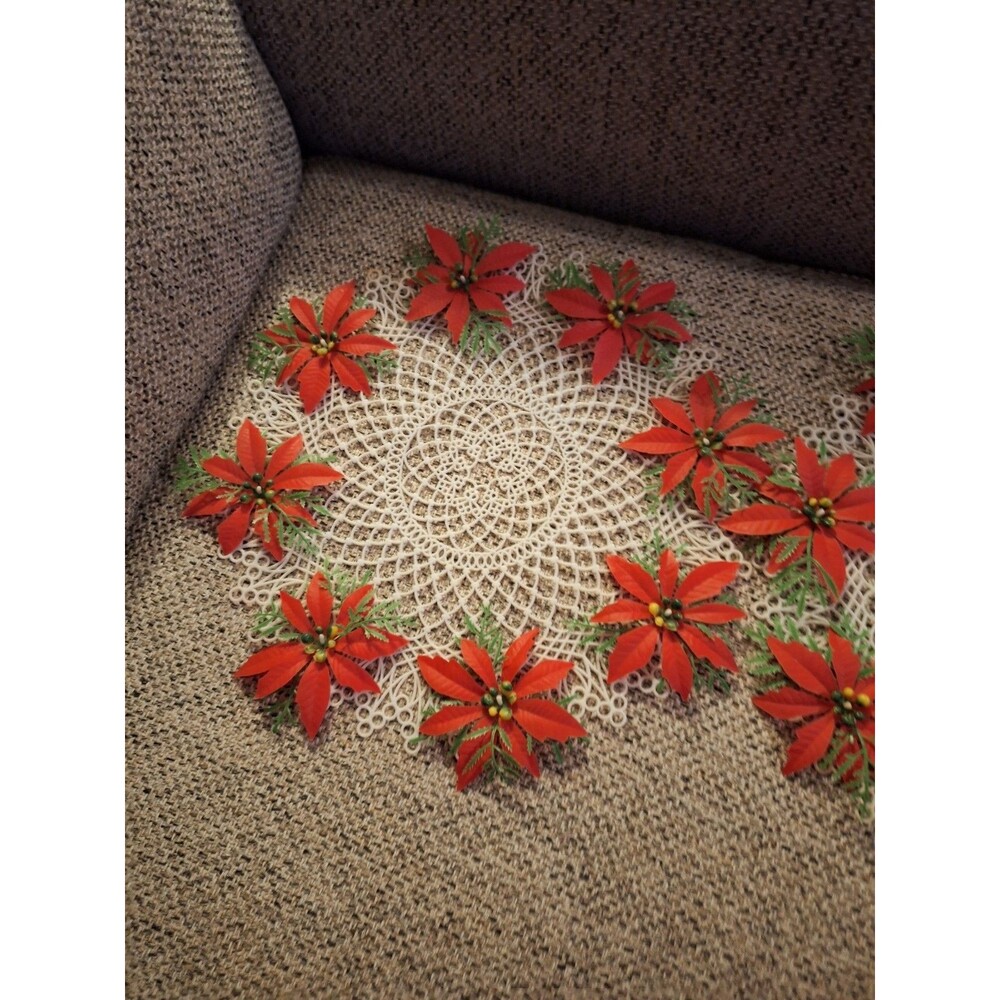 Christmas Plastic Doily Poinsettia Centerpieces 12” White 1950's ‎ Vtg LOT OF 2